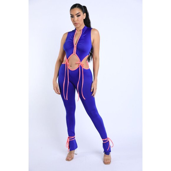 Hollow Out Patchwork Women String Tie Jumpsuit Zipper Sleeveless Bodycon - Picture 10 of 10